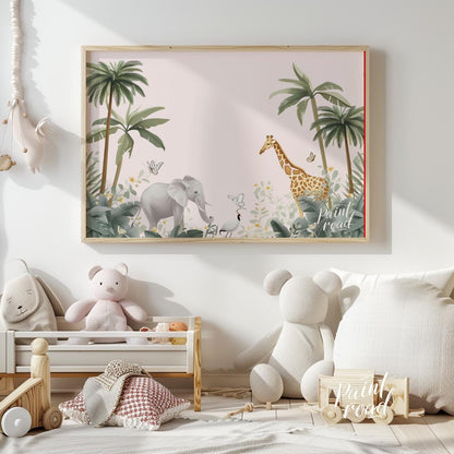 This tranquil and expansive watercolor illustration portrays a serene safari landscape, inviting a … for nursery