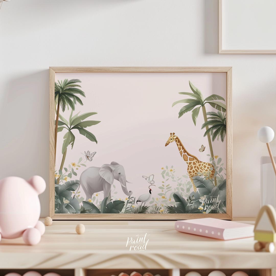 This tranquil and expansive watercolor illustration portrays a serene safari landscape, inviting a … for nursery