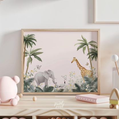 This tranquil and expansive watercolor illustration portrays a serene safari landscape, inviting a … for nursery