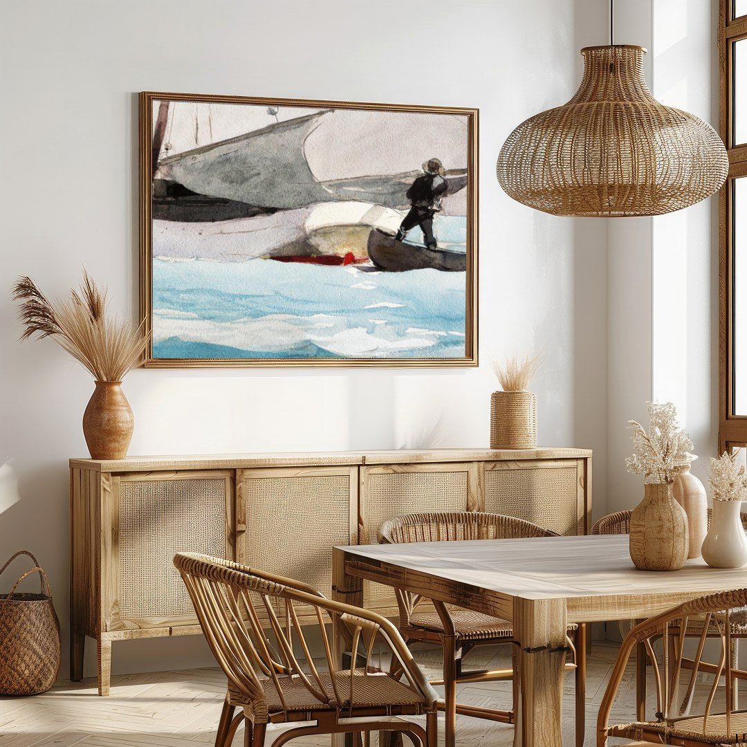 This captivating watercolor painting captures the serene beauty of a sailboat on a tranquil sea for Dining