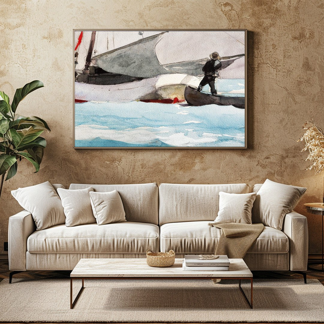 This captivating watercolor painting captures the serene beauty of a sailboat on a tranquil sea for Family Room