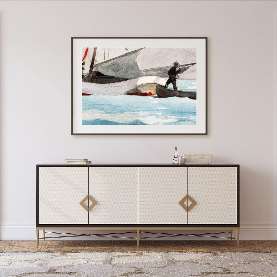 This captivating watercolor painting captures the serene beauty of a sailboat on a tranquil sea for Foyer