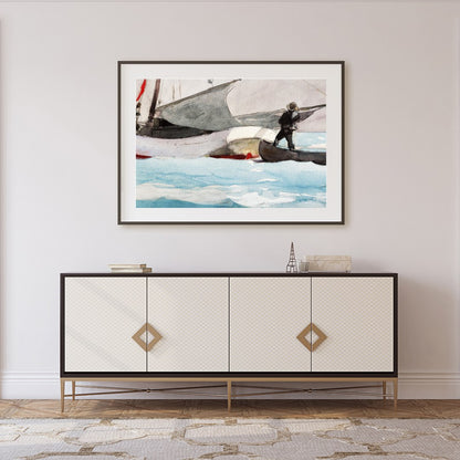 This captivating watercolor painting captures the serene beauty of a sailboat on a tranquil sea for Foyer