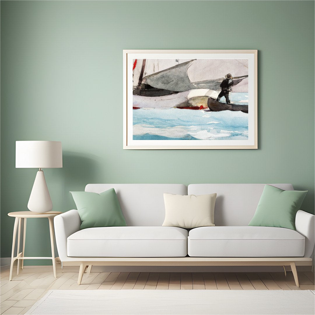 This captivating watercolor painting captures the serene beauty of a sailboat on a tranquil sea for Hall