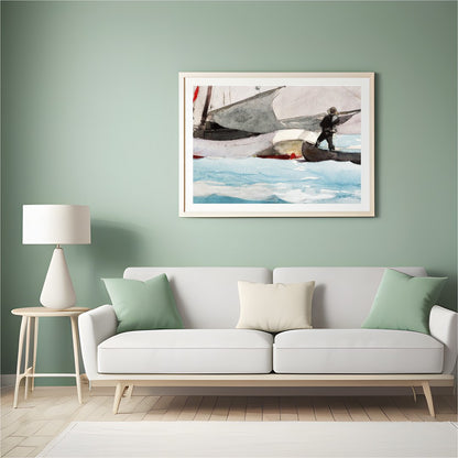 This captivating watercolor painting captures the serene beauty of a sailboat on a tranquil sea for Hall