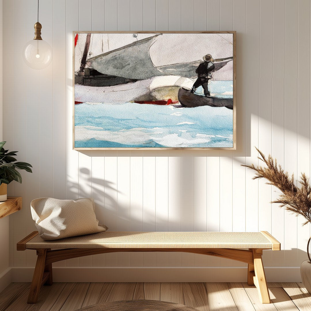 This captivating watercolor painting captures the serene beauty of a sailboat on a tranquil sea for Hallway