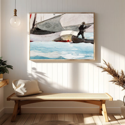 This captivating watercolor painting captures the serene beauty of a sailboat on a tranquil sea for Hallway