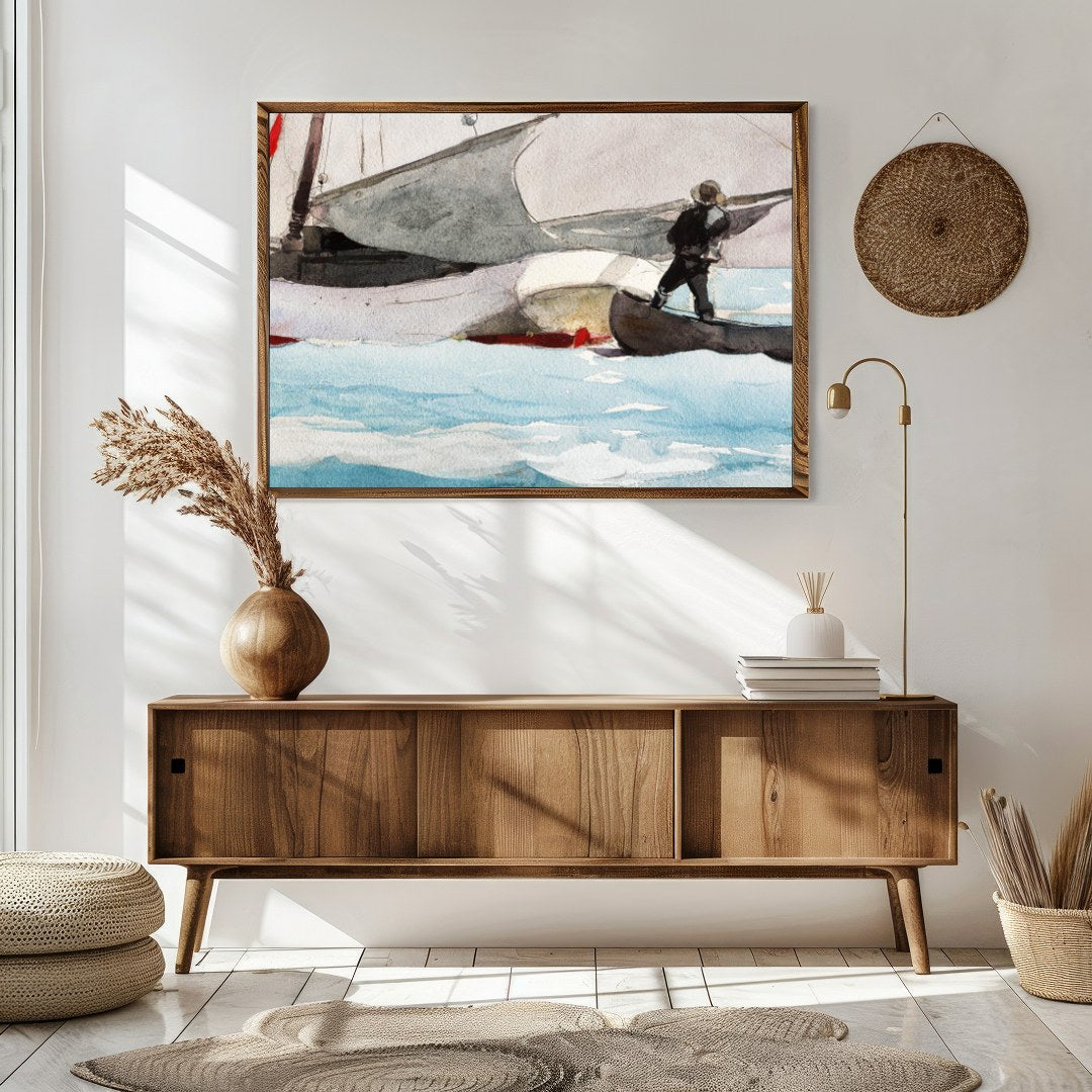 This captivating watercolor painting captures the serene beauty of a sailboat on a tranquil sea for Sitting Area