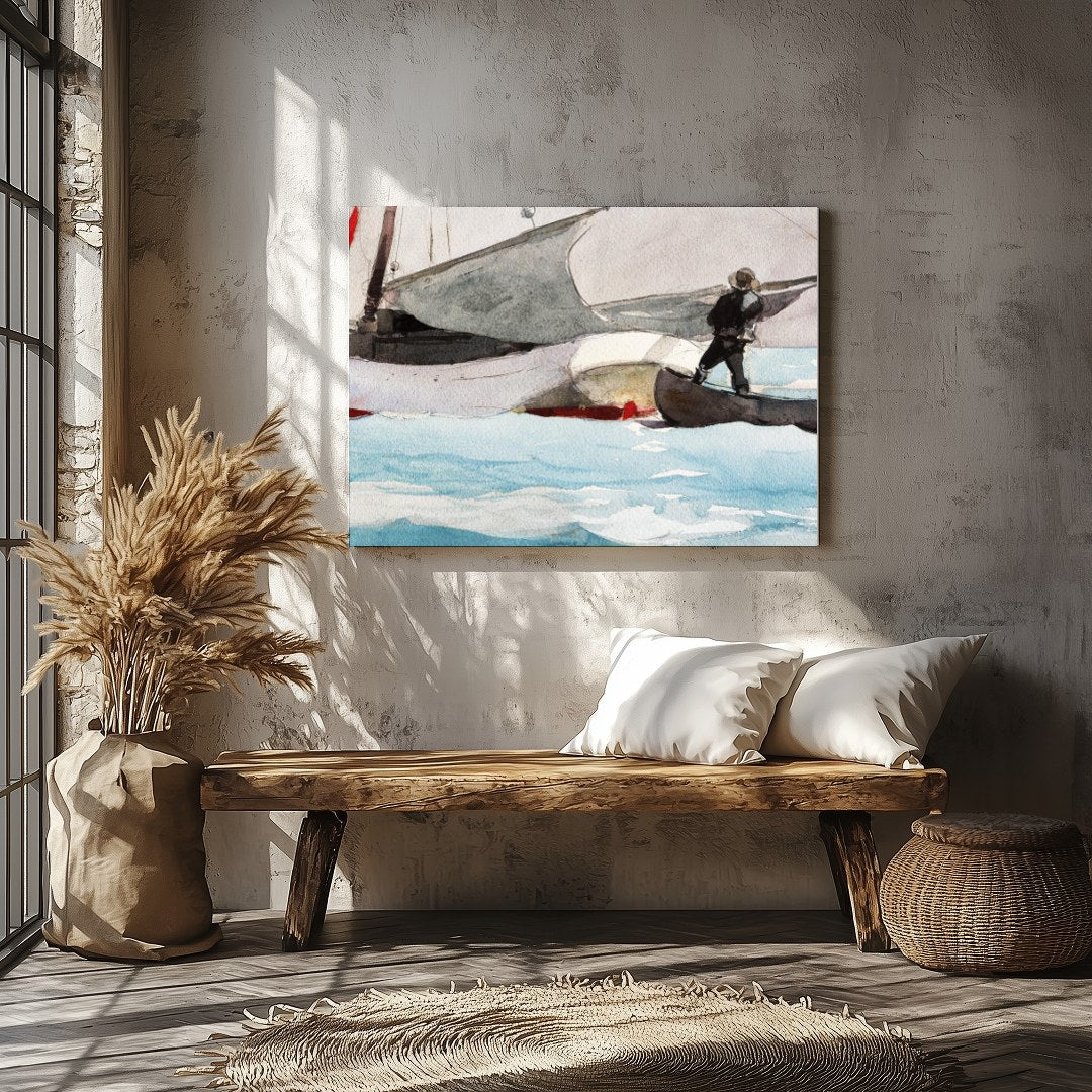This captivating watercolor painting captures the serene beauty of a sailboat on a tranquil sea for Veranda