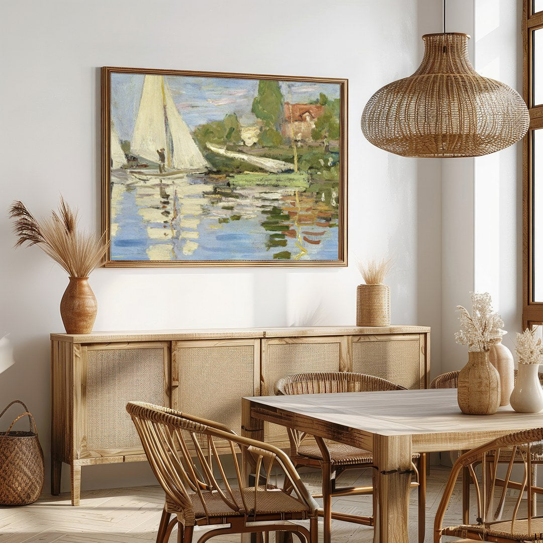 This exquisite artwork captures the tranquil beauty of sailboats gliding past a scenic shoreline. for Dining
