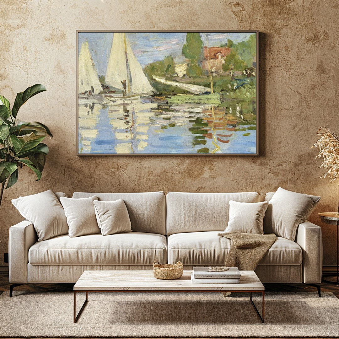 This exquisite artwork captures the tranquil beauty of sailboats gliding past a scenic shoreline. for Family Room