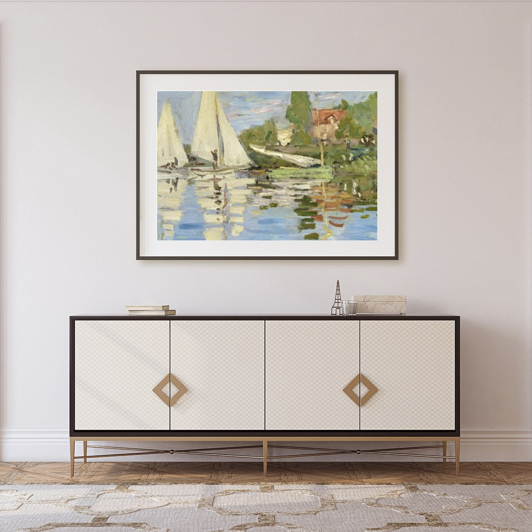 This exquisite artwork captures the tranquil beauty of sailboats gliding past a scenic shoreline. for Foyer