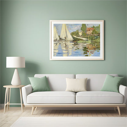 This exquisite artwork captures the tranquil beauty of sailboats gliding past a scenic shoreline. for Hall