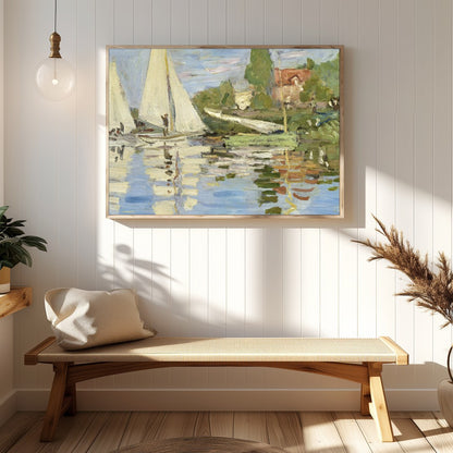 This exquisite artwork captures the tranquil beauty of sailboats gliding past a scenic shoreline. for Hallway