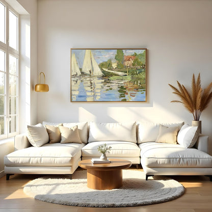This exquisite artwork captures the tranquil beauty of sailboats gliding past a scenic shoreline. for Living Room