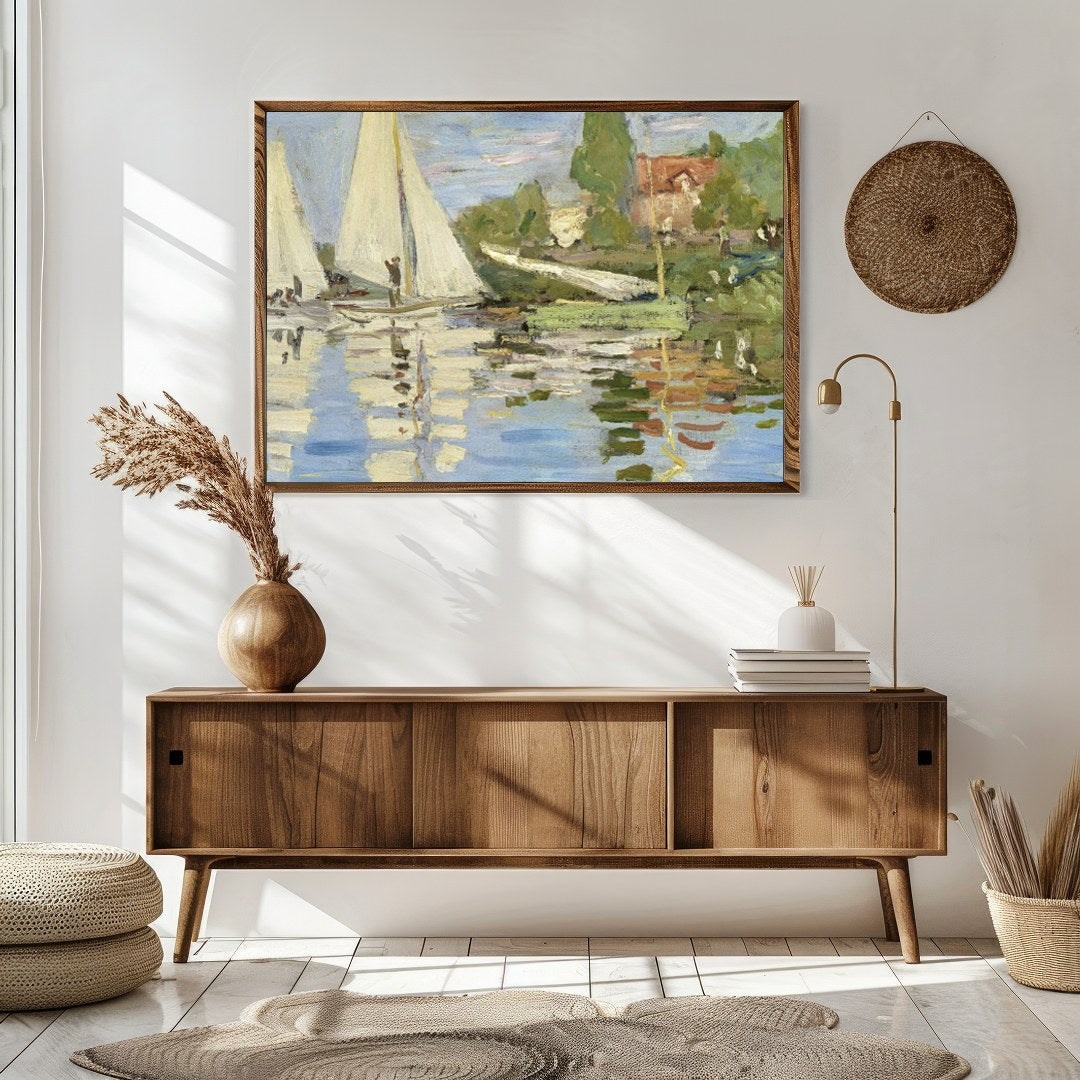 This exquisite artwork captures the tranquil beauty of sailboats gliding past a scenic shoreline. for Sitting Area