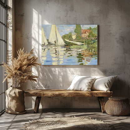 This exquisite artwork captures the tranquil beauty of sailboats gliding past a scenic shoreline. for Veranda