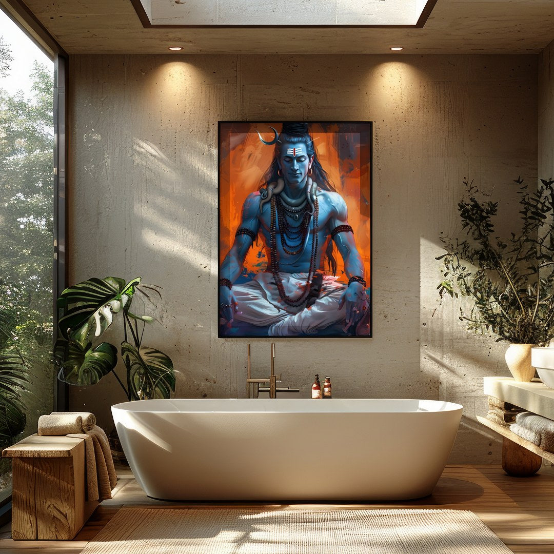 This captivating artwork showcases Lord Shiva in a state of deep meditation, exuding an aura of for Bathroom