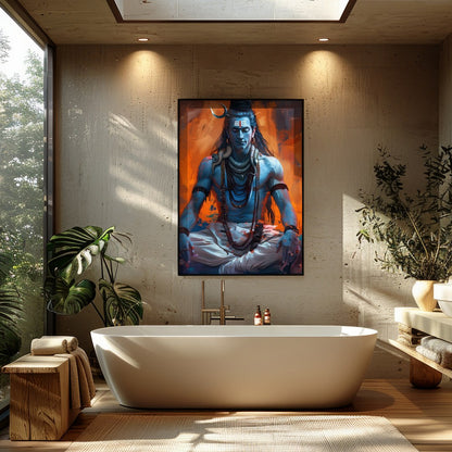 This captivating artwork showcases Lord Shiva in a state of deep meditation, exuding an aura of for Bathroom