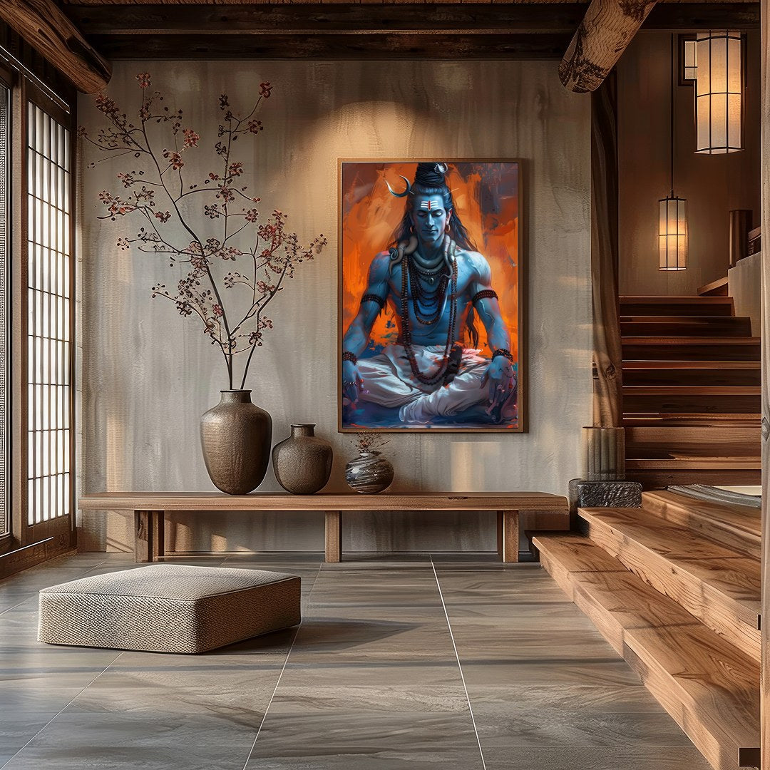 This captivating artwork showcases Lord Shiva in a state of deep meditation, exuding an aura of for Hall