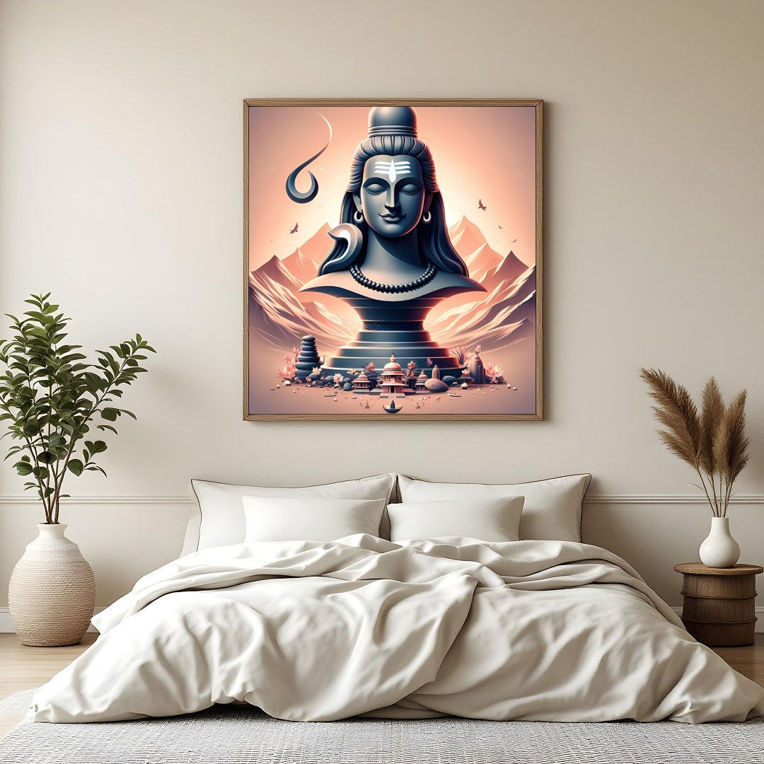 This captivating artwork showcases a tranquil depiction of Lord Shiva, elegantly poised against an for Bedroom