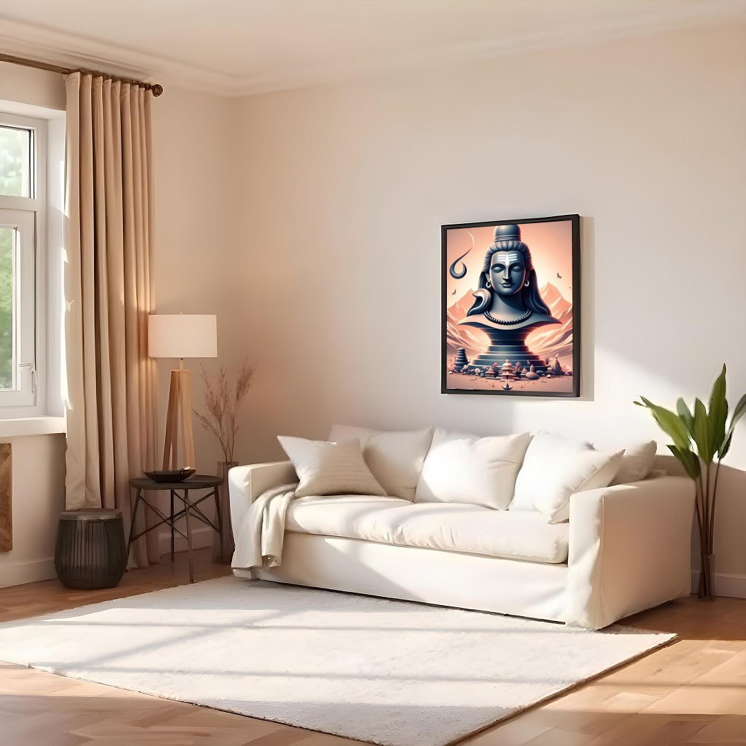 This captivating artwork showcases a tranquil depiction of Lord Shiva, elegantly poised against an for Family Room
