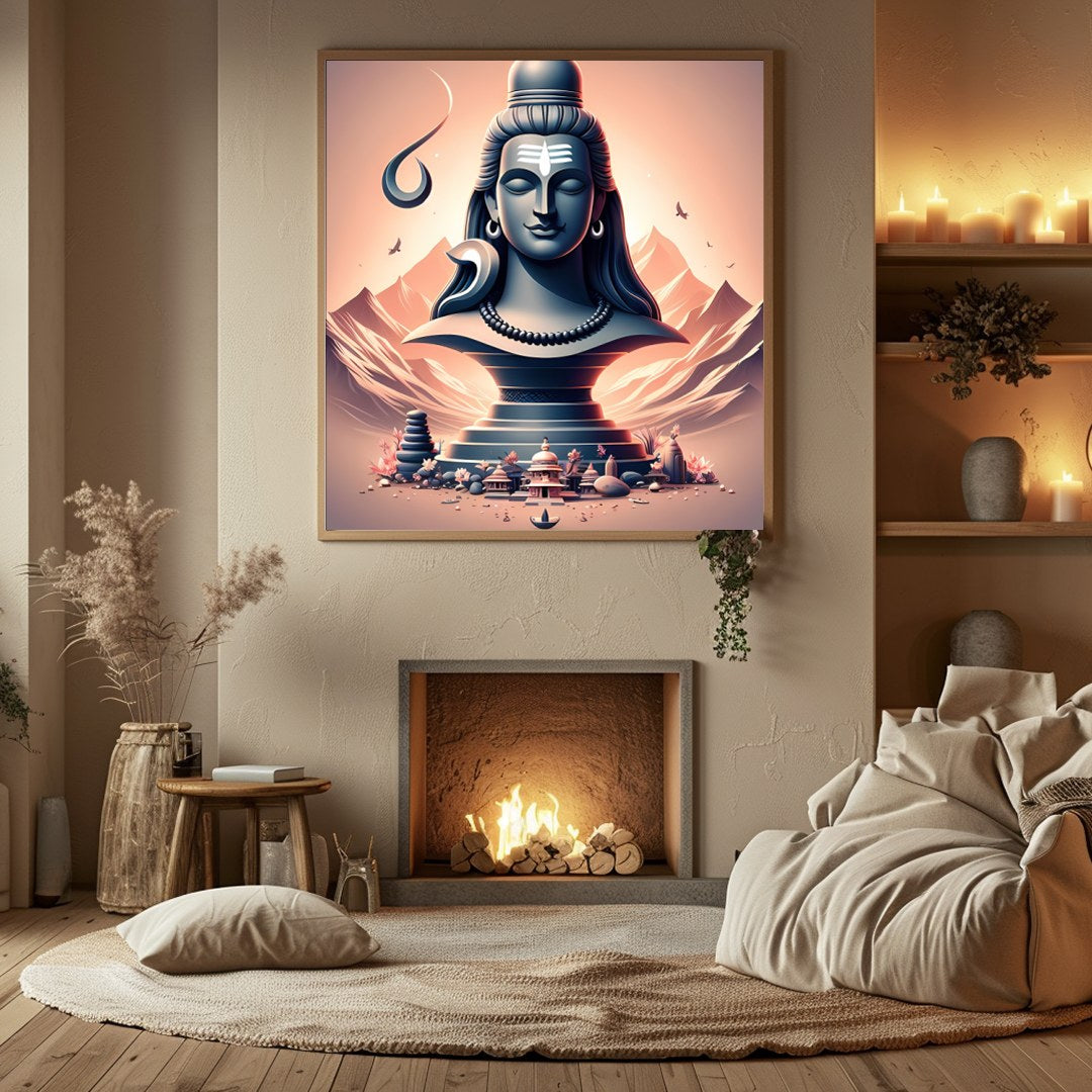 This captivating artwork showcases a tranquil depiction of Lord Shiva, elegantly poised against an for Hall