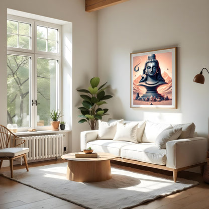 This captivating artwork showcases a tranquil depiction of Lord Shiva, elegantly poised against an for Living Room