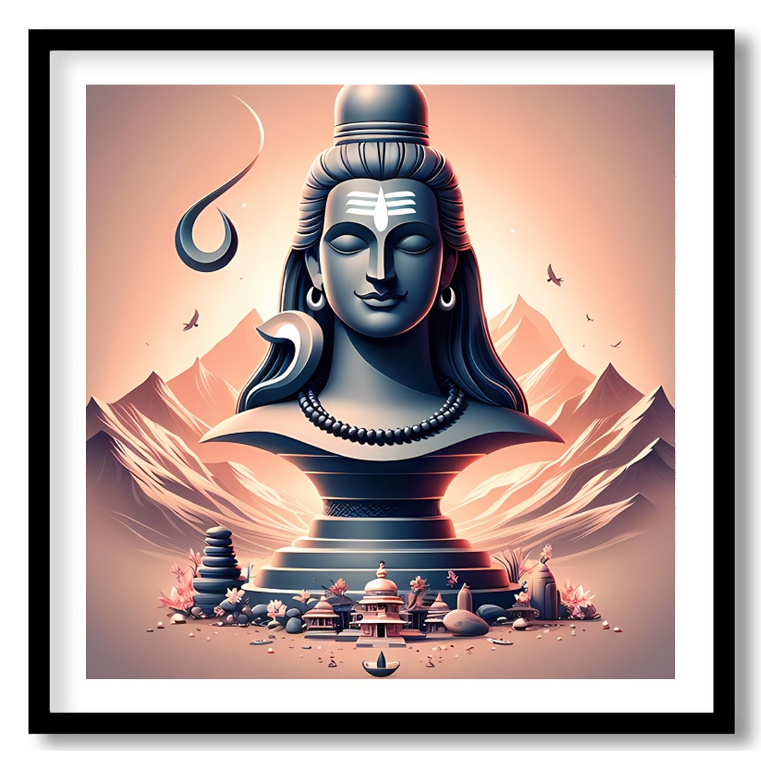 This captivating artwork showcases a tranquil depiction of Lord Shiva, elegantly poised against an for place