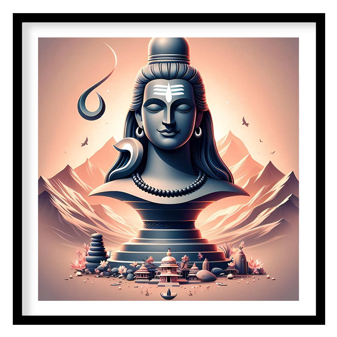 This captivating artwork showcases a tranquil depiction of Lord Shiva, elegantly poised against an for place