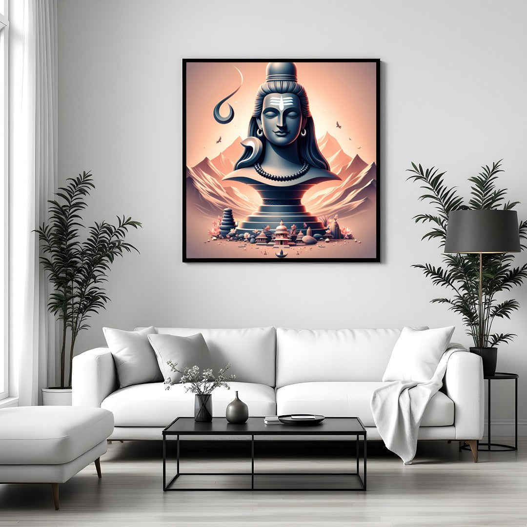 This captivating artwork showcases a tranquil depiction of Lord Shiva, elegantly poised against an for Sitting Area