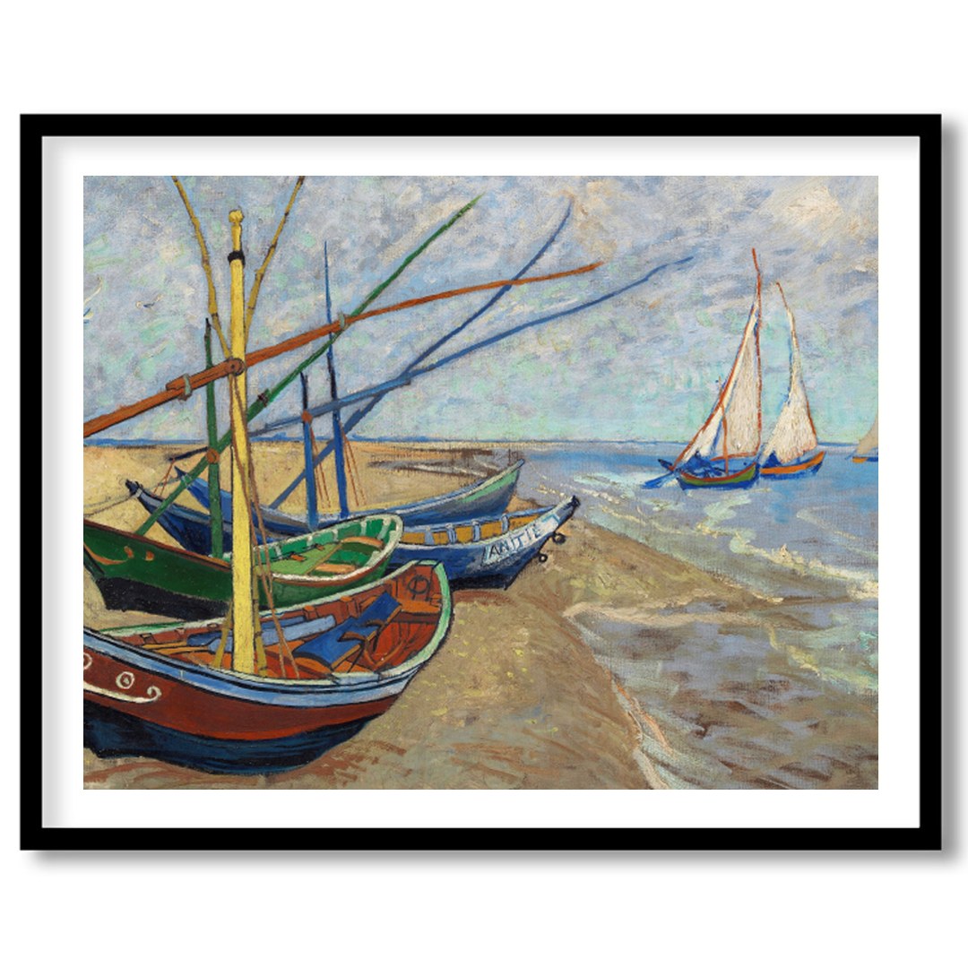 This captivating artwork showcases a tranquil seaside scene with a collection of colorful boats for bedroom