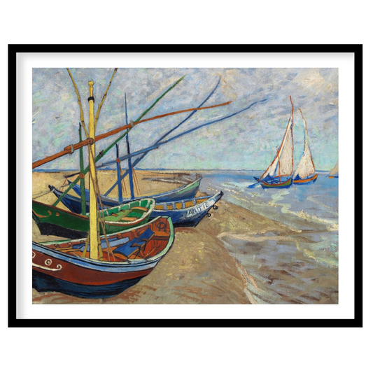 This captivating artwork showcases a tranquil seaside scene with a collection of colorful boats for bedroom