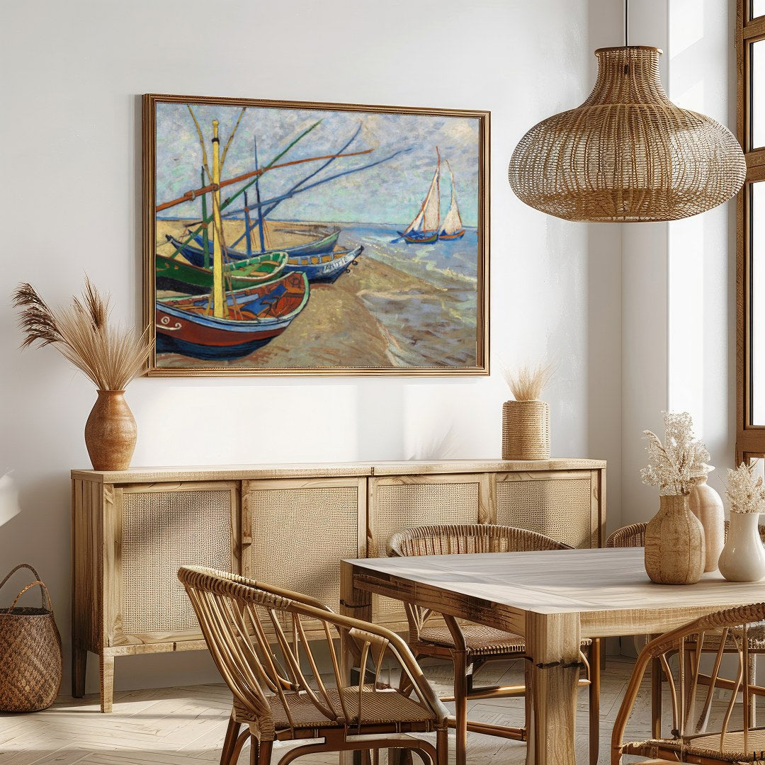 This captivating artwork showcases a tranquil seaside scene with a collection of colorful boats for Dining
