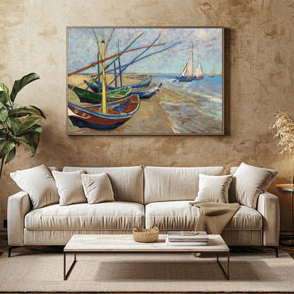This captivating artwork showcases a tranquil seaside scene with a collection of colorful boats for Family Room