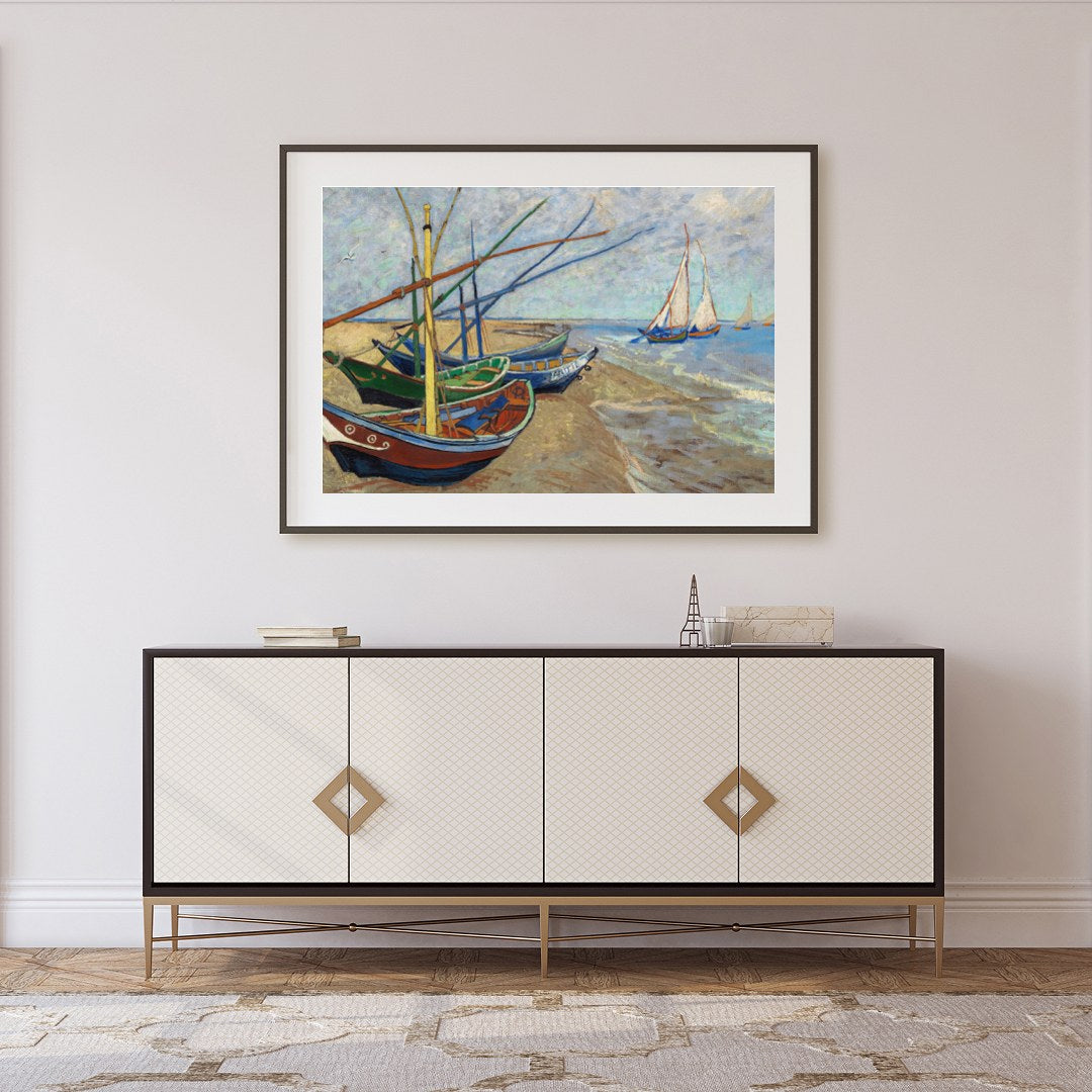 This captivating artwork showcases a tranquil seaside scene with a collection of colorful boats for Foyer