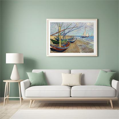 This captivating artwork showcases a tranquil seaside scene with a collection of colorful boats for Hall