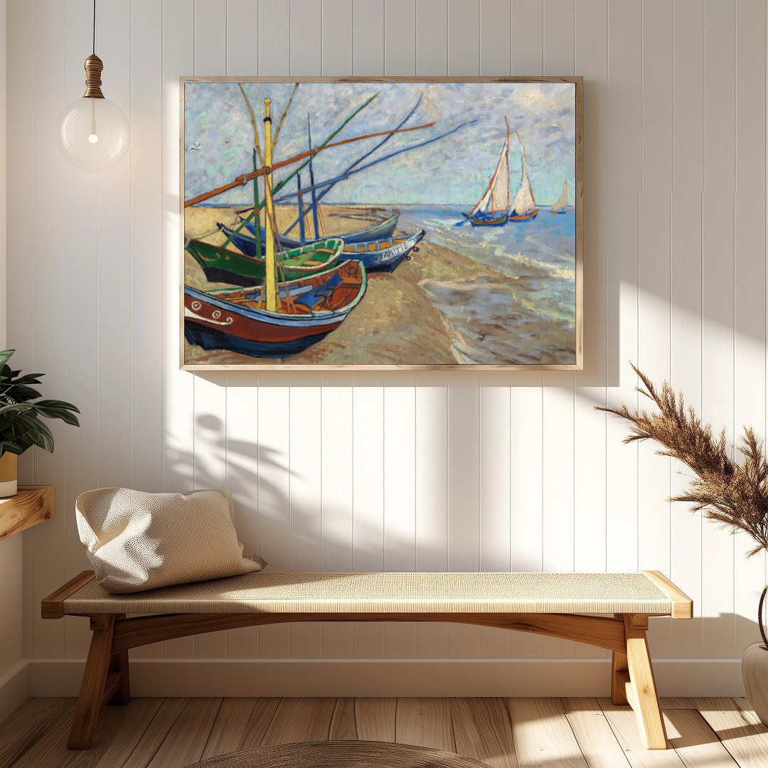 This captivating artwork showcases a tranquil seaside scene with a collection of colorful boats for Hallway