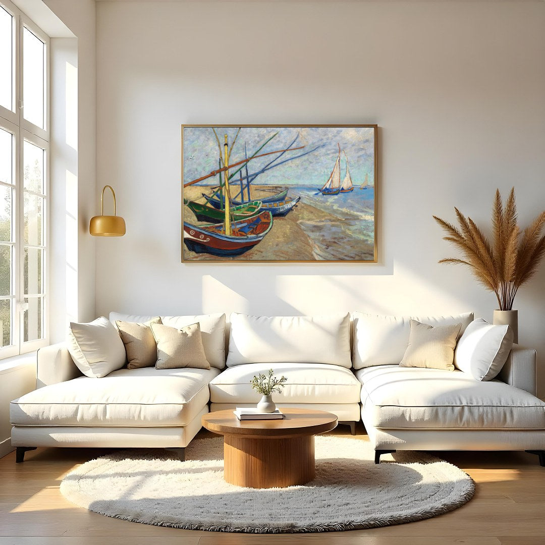 This captivating artwork showcases a tranquil seaside scene with a collection of colorful boats for Living Room