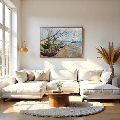This captivating artwork showcases a tranquil seaside scene with a collection of colorful boats for Living Room