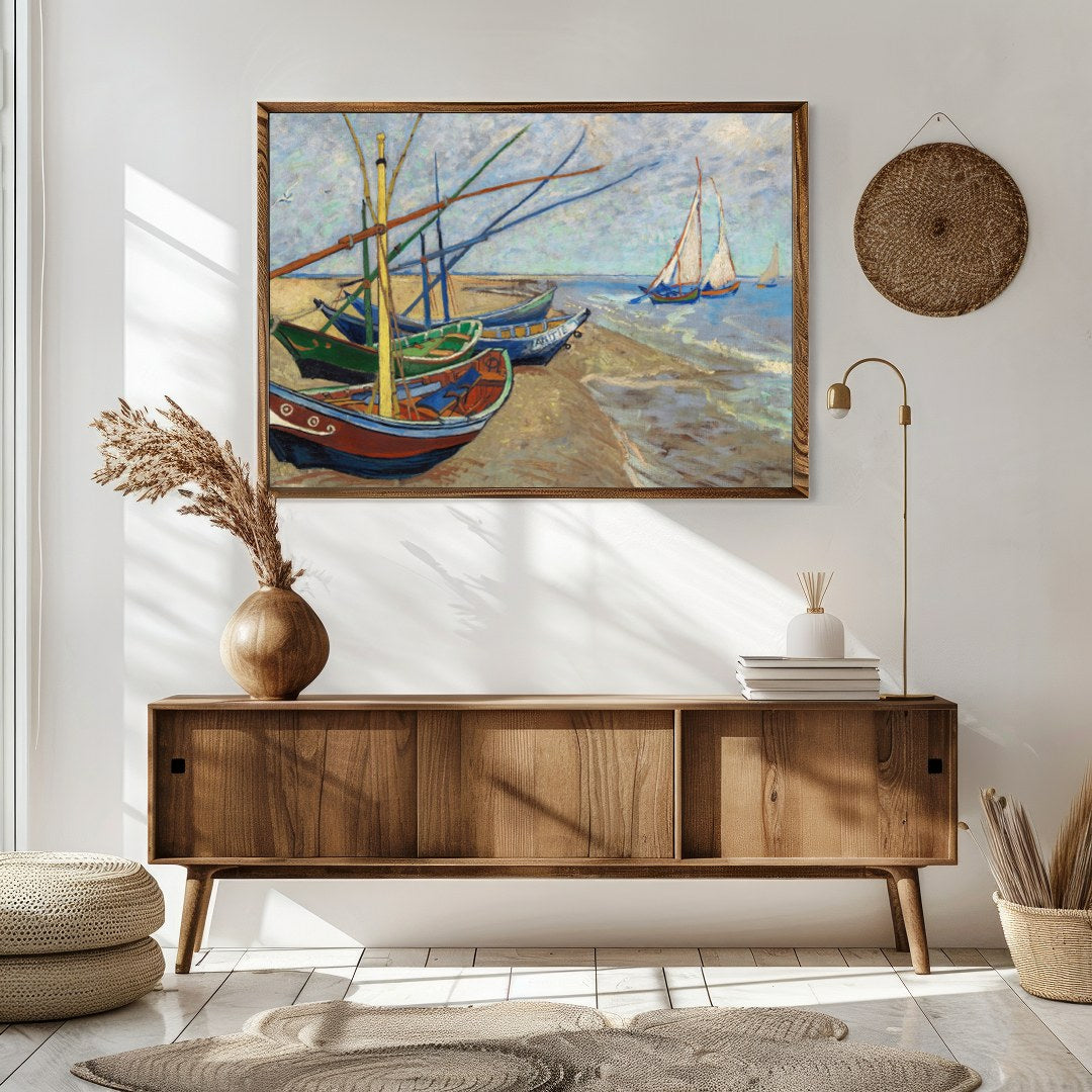 This captivating artwork showcases a tranquil seaside scene with a collection of colorful boats for Sitting Area