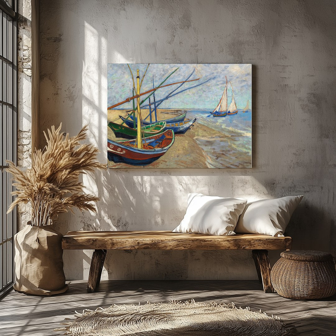 This captivating artwork showcases a tranquil seaside scene with a collection of colorful boats for Veranda