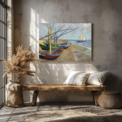 This captivating artwork showcases a tranquil seaside scene with a collection of colorful boats for Veranda