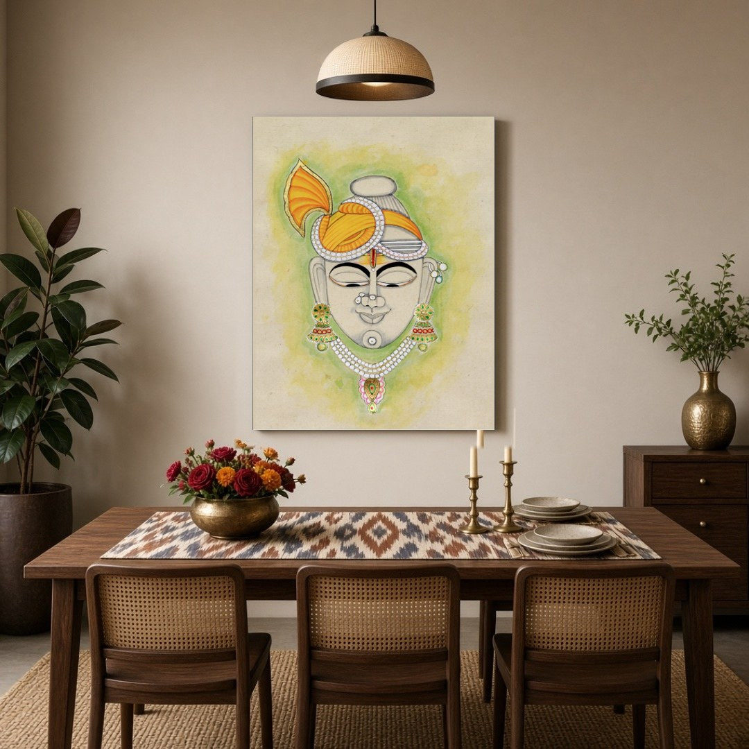 This artful depiction of Shrinathji, adorned with a striking golden turban, brings a touch of for Dining