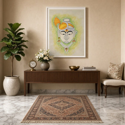 This artful depiction of Shrinathji, adorned with a striking golden turban, brings a touch of for Entrance