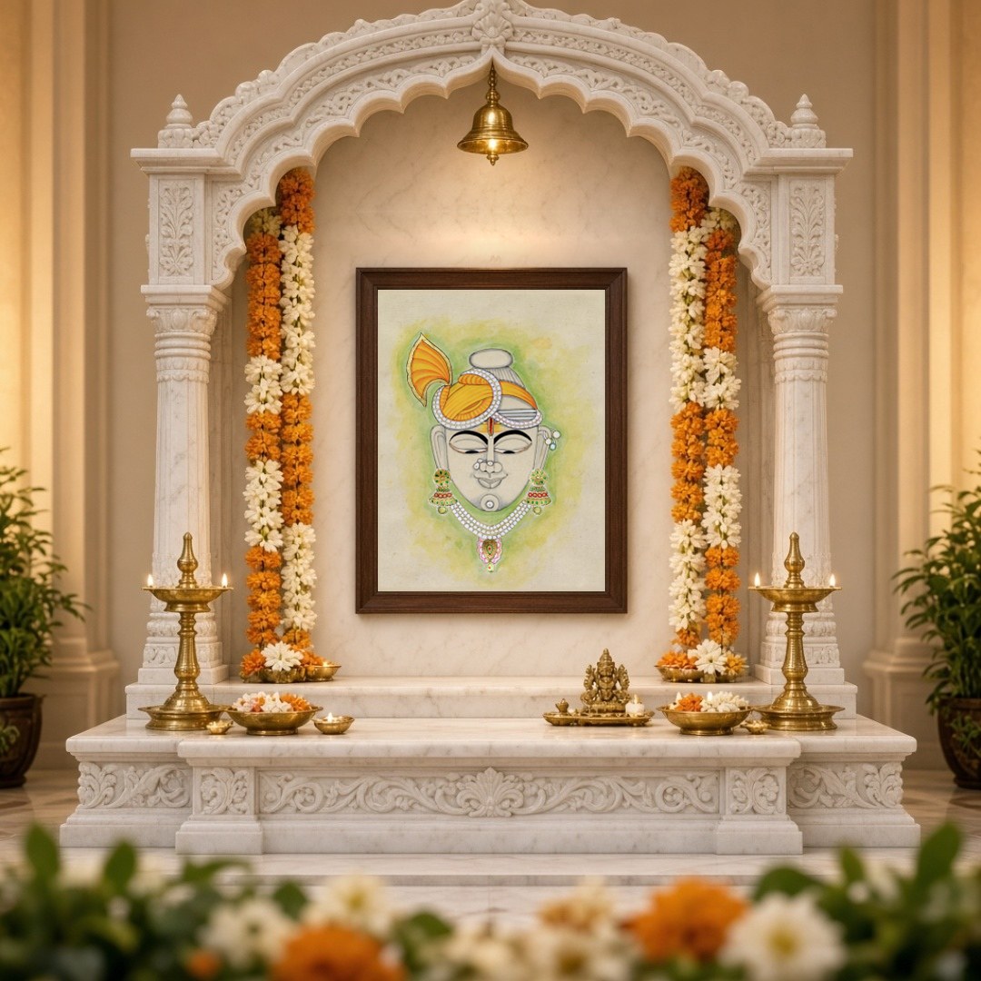 This artful depiction of Shrinathji, adorned with a striking golden turban, brings a touch of for Home Temple