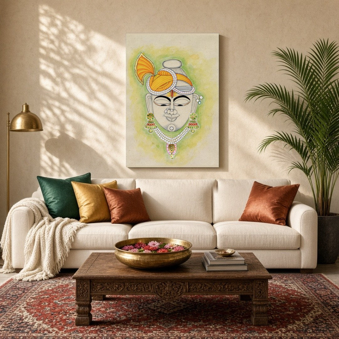This artful depiction of Shrinathji, adorned with a striking golden turban, brings a touch of for Living Room