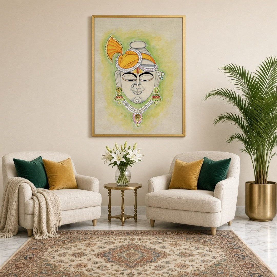 This artful depiction of Shrinathji, adorned with a striking golden turban, brings a touch of for Sitting Lounge
