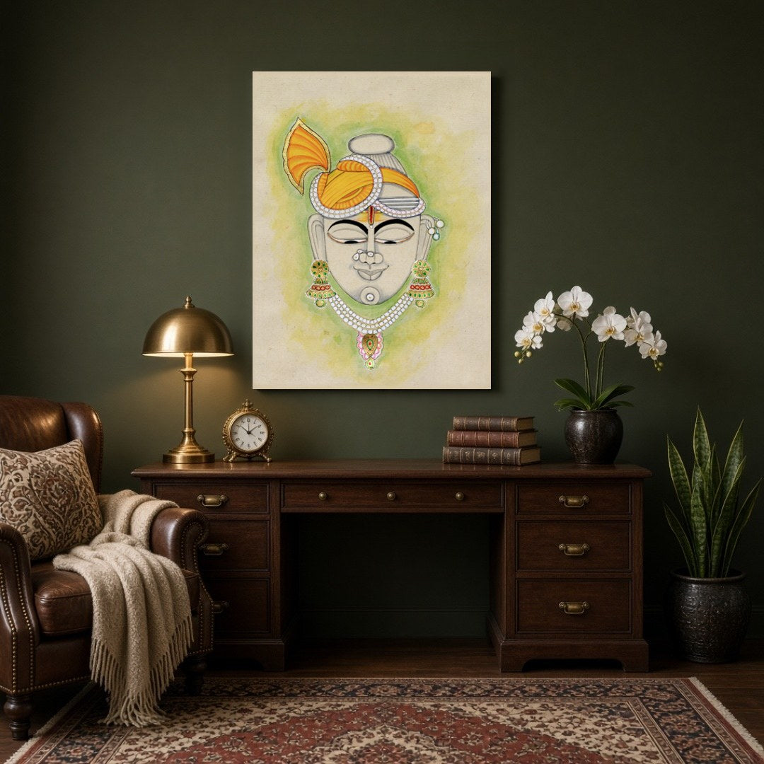 This artful depiction of Shrinathji, adorned with a striking golden turban, brings a touch of for Study