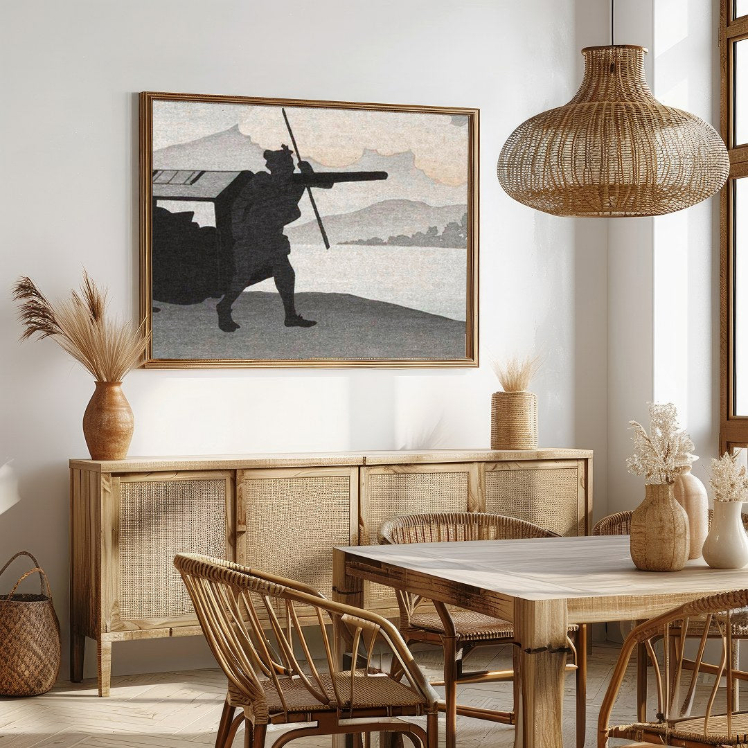 This captivating artwork features silhouetted figures set against a tranquil lakeside backdrop. The for Dining